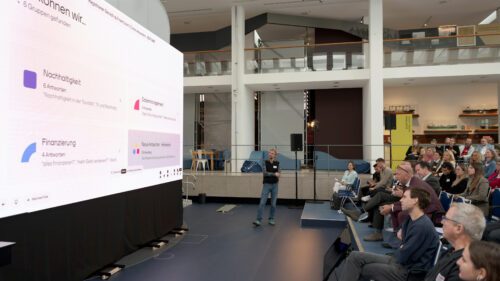 Eine weitwinklige Aufnahme eines modernen, mehrstöckigen Veranstaltungsraums. Links dominiert eine große Leinwand, auf der interaktive Umfrageergebnisse zu Themen wie Nachhaltigkeit und Finanzierung eingeblendet sind. Ein Referent steht entspannt neben der Leinwand und blickt zum Publikum, das rechts im Bild auf blauen Stühlen sitzt und aufmerksam folgt. Der Raum ist hell und offen gestaltet, mit weißen Säulen und hölzernen Balustraden auf den oberen Etagen.
